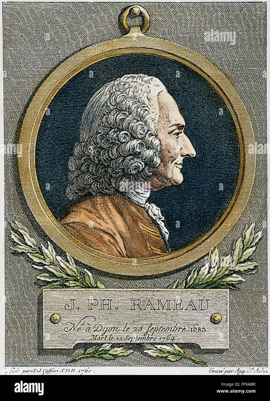 JEAN PHILIPPE RAMEAU /n(1683-1764). French composer and music theorist. Copper engraving, 1762, by Augustin de Saint-Aubin after a bust, 1760, by Jean-Jacques Caffieri. Stock Photo