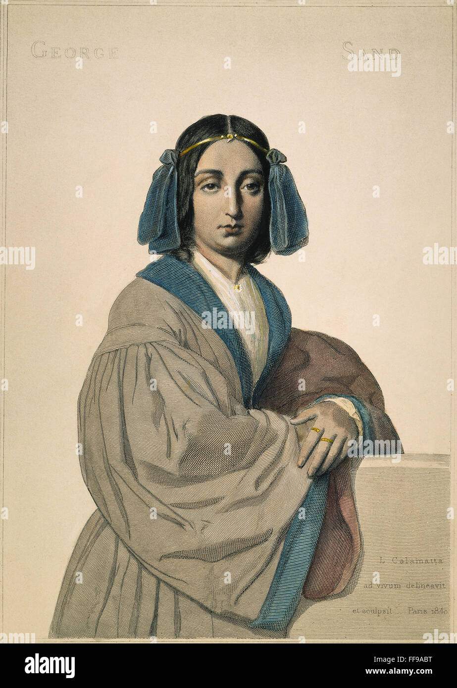 GEORGE SAND (1804-1876). /nFrench novelist: etching, 1840, by Luigi Calamatta. Stock Photo