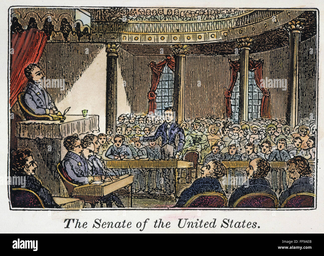 SENATE OF UNITED STATES. /nThe United States Senate in session at the Capitol in Washington, D.C. Wood engraving, American, 1836. Stock Photo