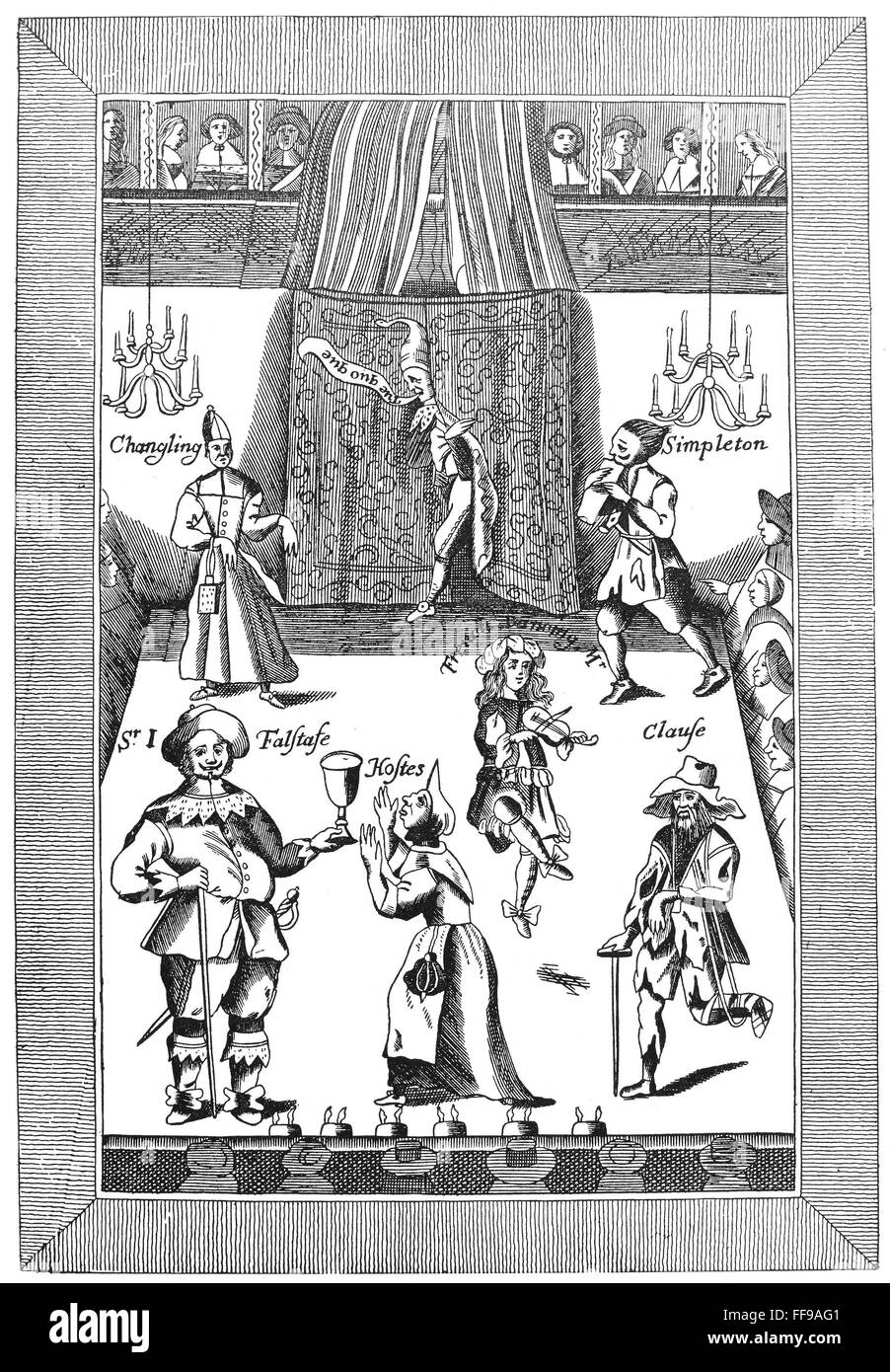 ELIZABETHAN THEATRE. /nA performance at the Red Bull Playhouse, London, England. Sir Jon Falstaff is in the lower corner. Line engraving from Francis Kirkman's 'Drolls,' 1672. Stock Photo