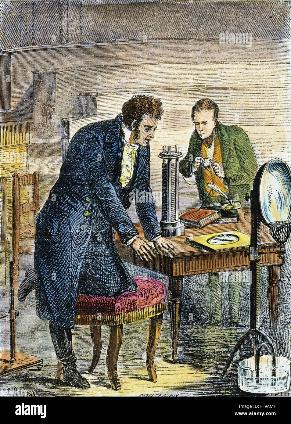 HANS CHRISTIAN OERSTED. /nOersted's discovery in 1819 that a pivoted magnetic needle turns at right angles to a conductor carrying an electric current: colored engraving, 19th century. Stock Photo