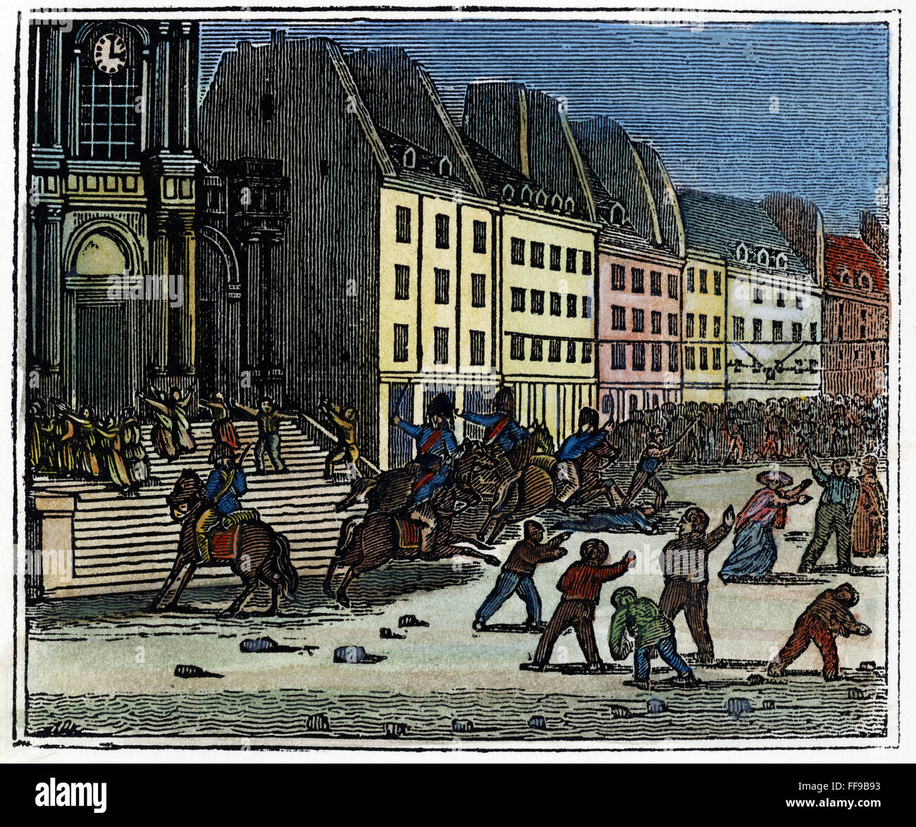 FRENCH REVOLUTION, 1830. /nStreet fighting before the Church of St Roch in Paris during the revolution of July 1830. Wood engraving, American, c1835. Stock Photo