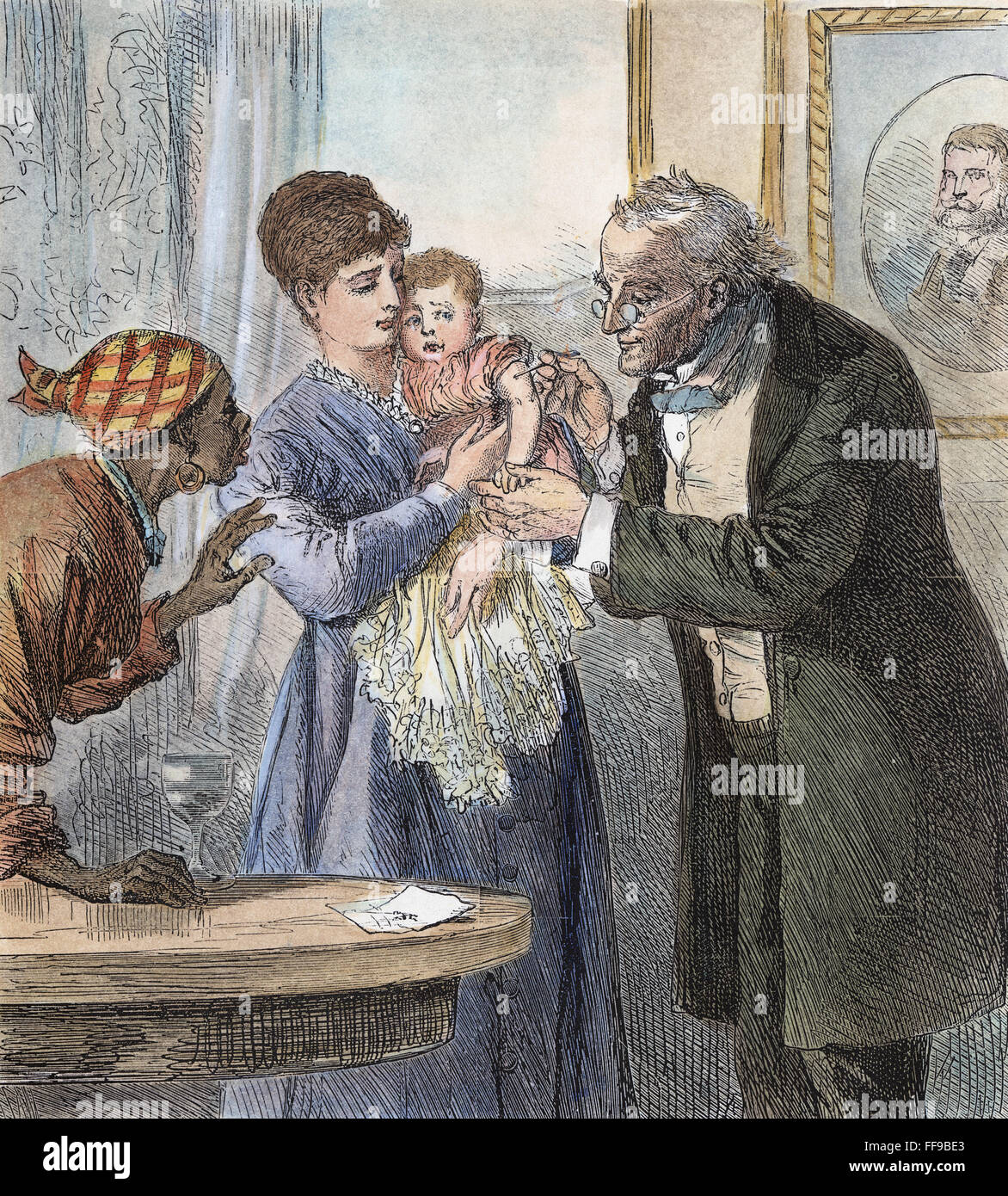 VACCINATION, 1870./n'Vaccinating the baby.' Wood engraving, 1870. Stock Photo