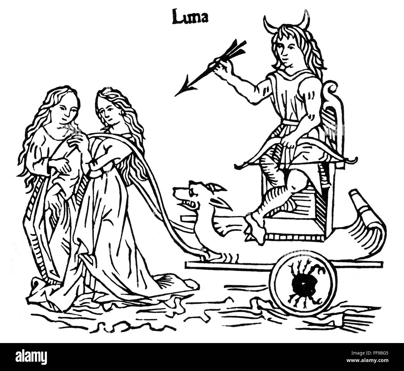ALLEGORY OF THE MOON, 1482. /nAllegorical representation of Luna, Roman goddess of the moon. Woodcut from Gaius Julius Hyginus' 'Poeticon Astronomicon,' Venice, Italy, 1482. Stock Photo
