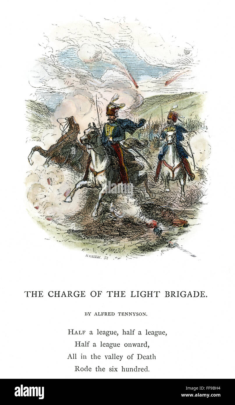 CRIMEAN WAR: LIGHT BRIGADE. /nThe Charge of the Light Brigade at Balaklava, 25 October 1854. Wood engraving from a 19th century edition of Lord Alfred Tennyson's poem, 'Charge of the Light Brigade.' Stock Photo