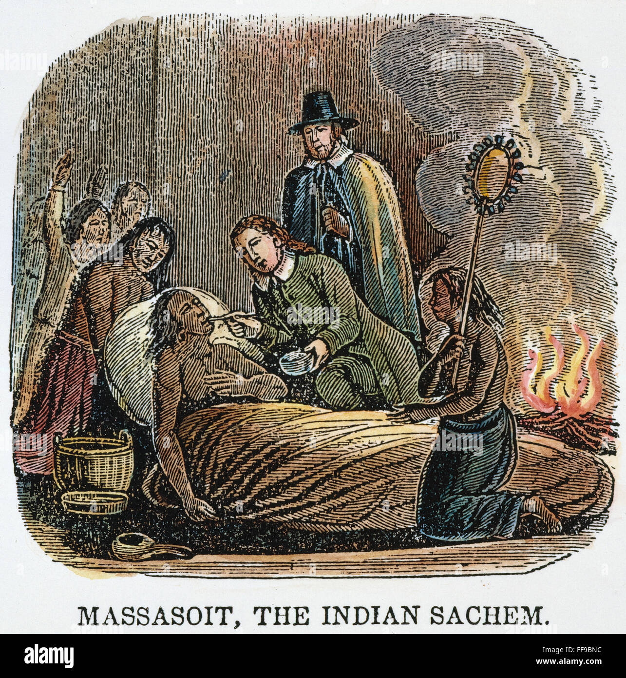 PLYMOUTH: MASSASOIT, 1623. /nEdward Winslow and John Hambden of Plymouth Colony nursing Massasoit on his sickbed, 1623. Wood engraving, 1853. Stock Photo