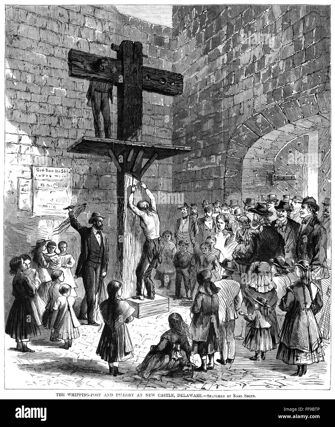 PUBLIC WHIPPING, 1868. /nThe public whipping post and pillory at New Castle, Delaware, 1868, one of the last states to continue the practice of public punishment. Contemporary American wood engraving after a drawing by Earl Shinn. Stock Photo