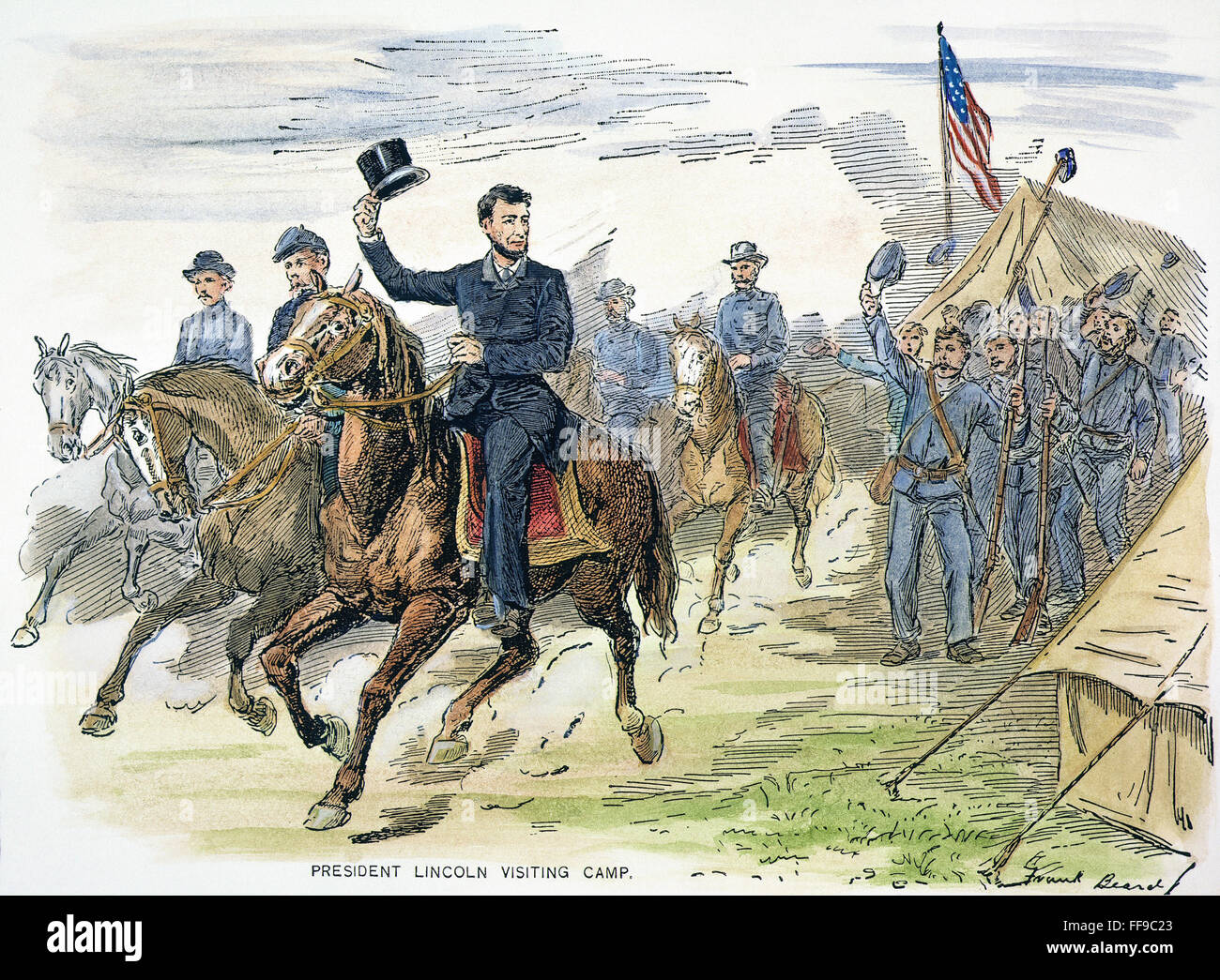 LINCOLN: UNION ARMY. /nPresident Abraham Lincoln (1809-1865) visiting a Union Army camp. Line engraving, 19th century. Stock Photo