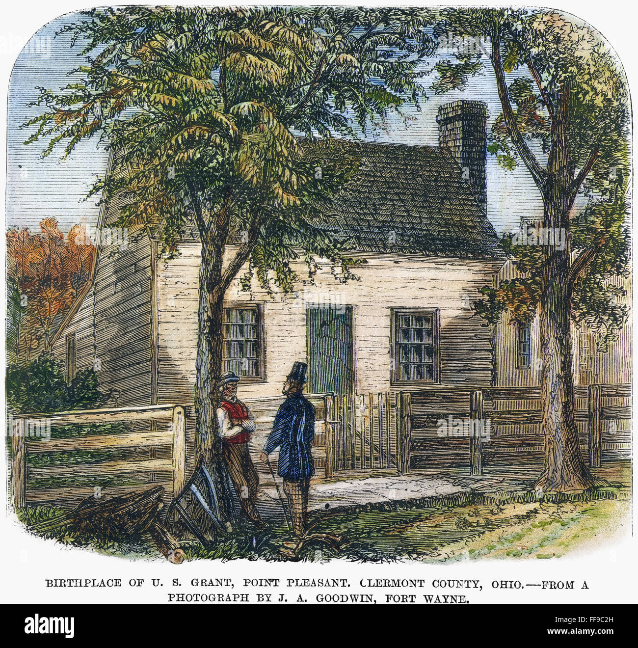 U.S. GRANT: BIRTHPLACE. /nThe farm house at Point Pleasant, Ohio, where the future President Ulysses S. Grant was born on 27 April 1822. Colored engraving, 19th century. Stock Photo