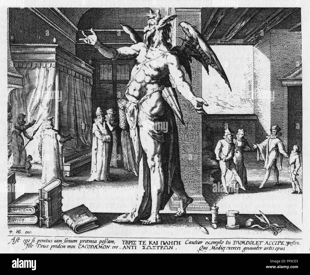 PHYSICIAN AS DEVIL. /nAllegory of the Physician as a Devil. Copper engraving, 1587, by the studio of Hendrik Goltzius (1558-1617). Stock Photo