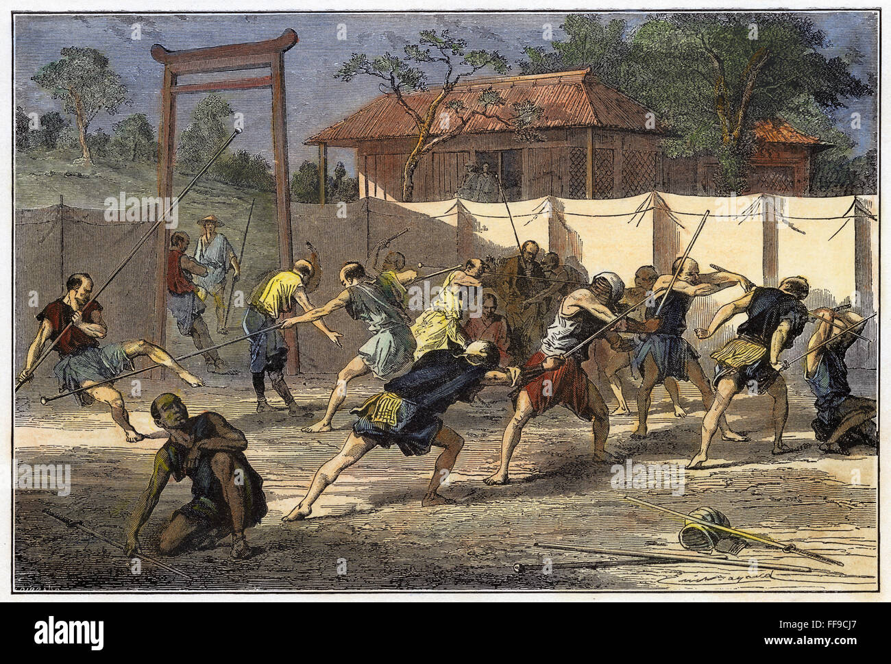SAMURAI TRAINING, c1900. /nYoung Samurai in Japan training for the Satsuma Rebellion of 1877. Wood engraving, American, c1900. Stock Photo