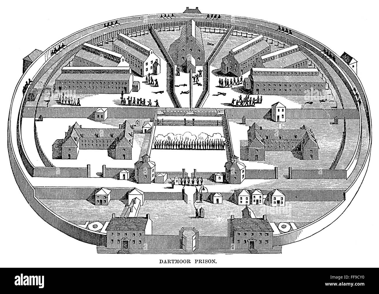 WAR OF 1812: PRISON. /nDartmoor Prison, Devonshire, England, where about 6,000 American prisoners of war and impressed seamen were confined. Wood engraving, 19th century. Stock Photo
