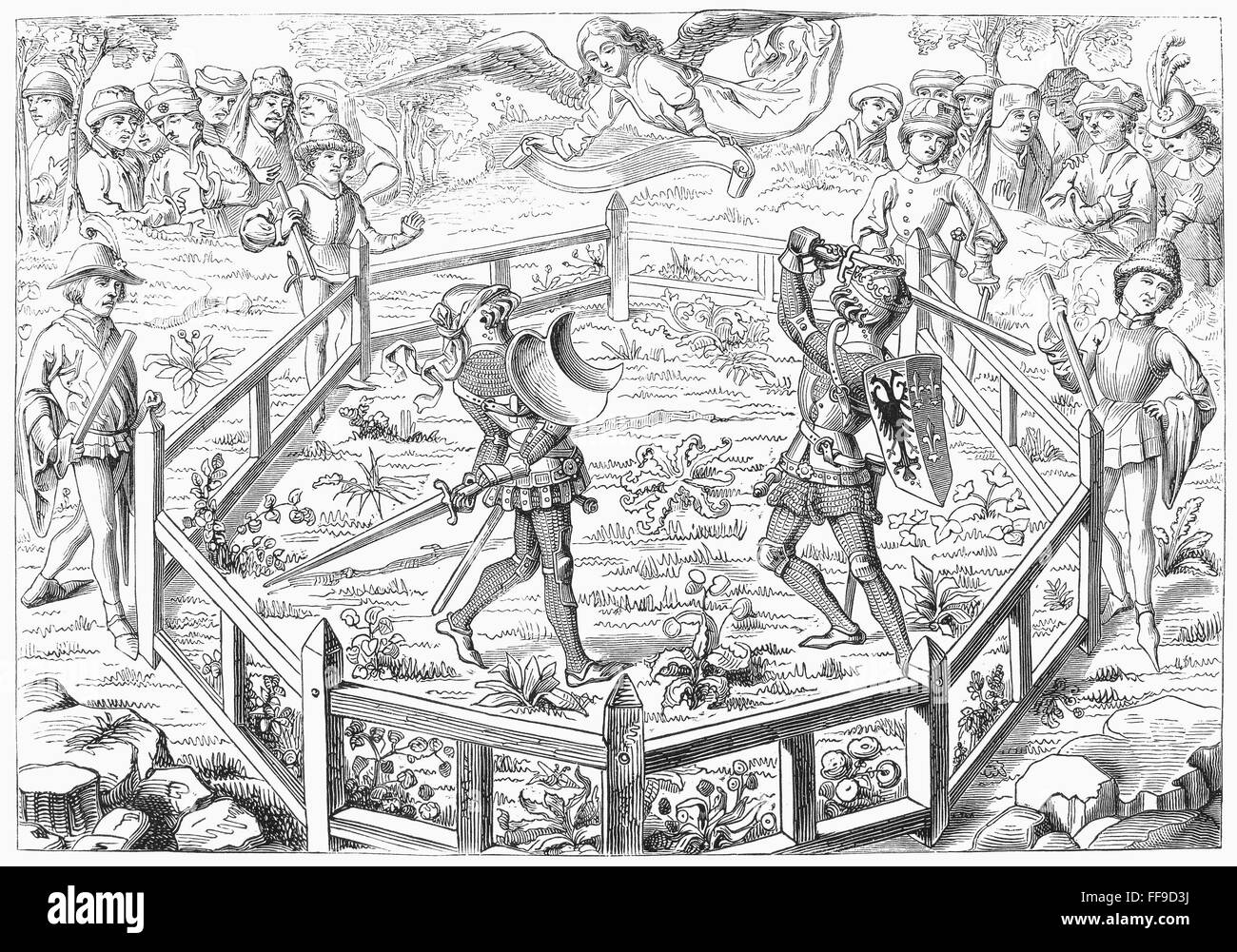 TRIAL BY COMBAT. /nA medieval trial by combat. Line engraving after a miniature from a 15th