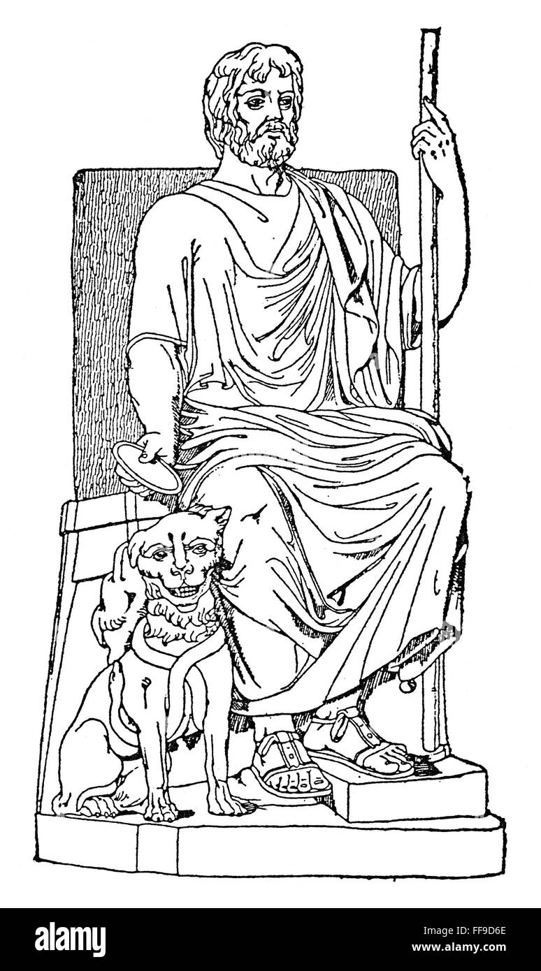 HADES/PLUTO. /nThe Greek/Roman god of the underworld wih his dog Cerberus. Line engraving, 19th century. Stock Photo