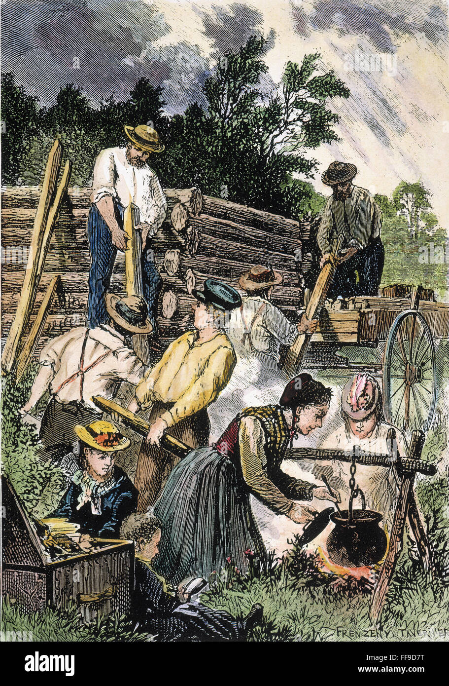 EMIGRANTS: BUILDING CABIN. /nEmigrants building a log cabin in the American West. Wood engraving, 1874, by Charles Maurand, after a sketch by Paul Frenzeny and Jules Tavernier. Stock Photo
