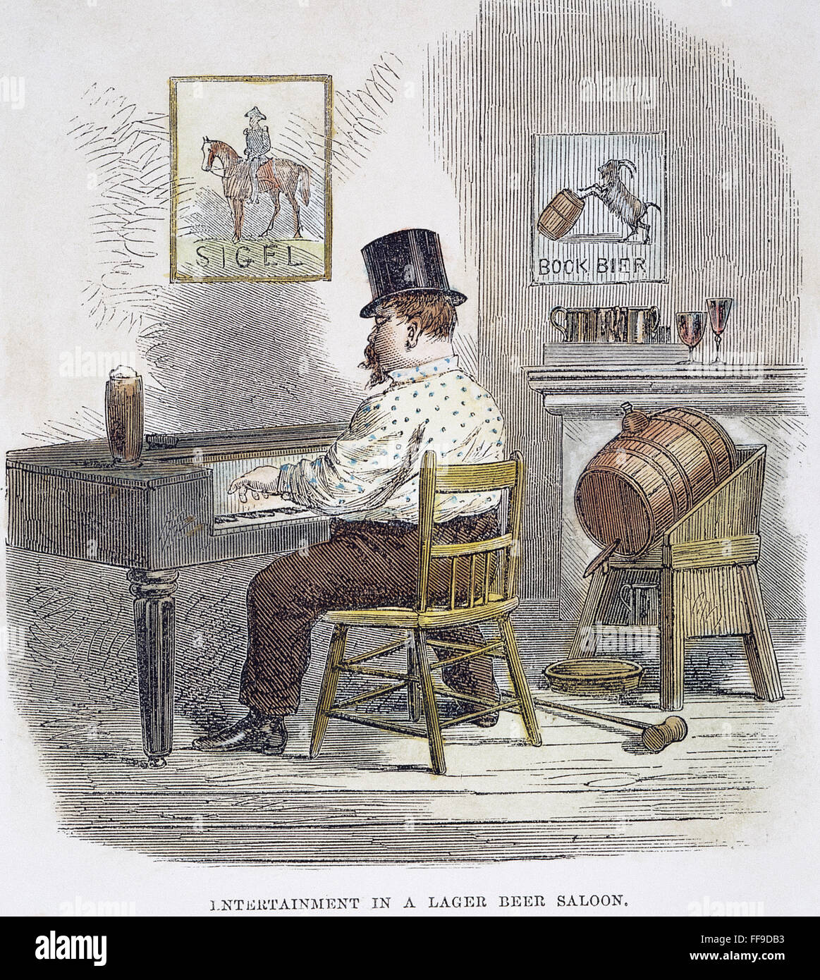 NEW YORK CITY BEER HALL. /nThe piano player in a German beer hall in New York City. Wood engraving, 1864. Stock Photo