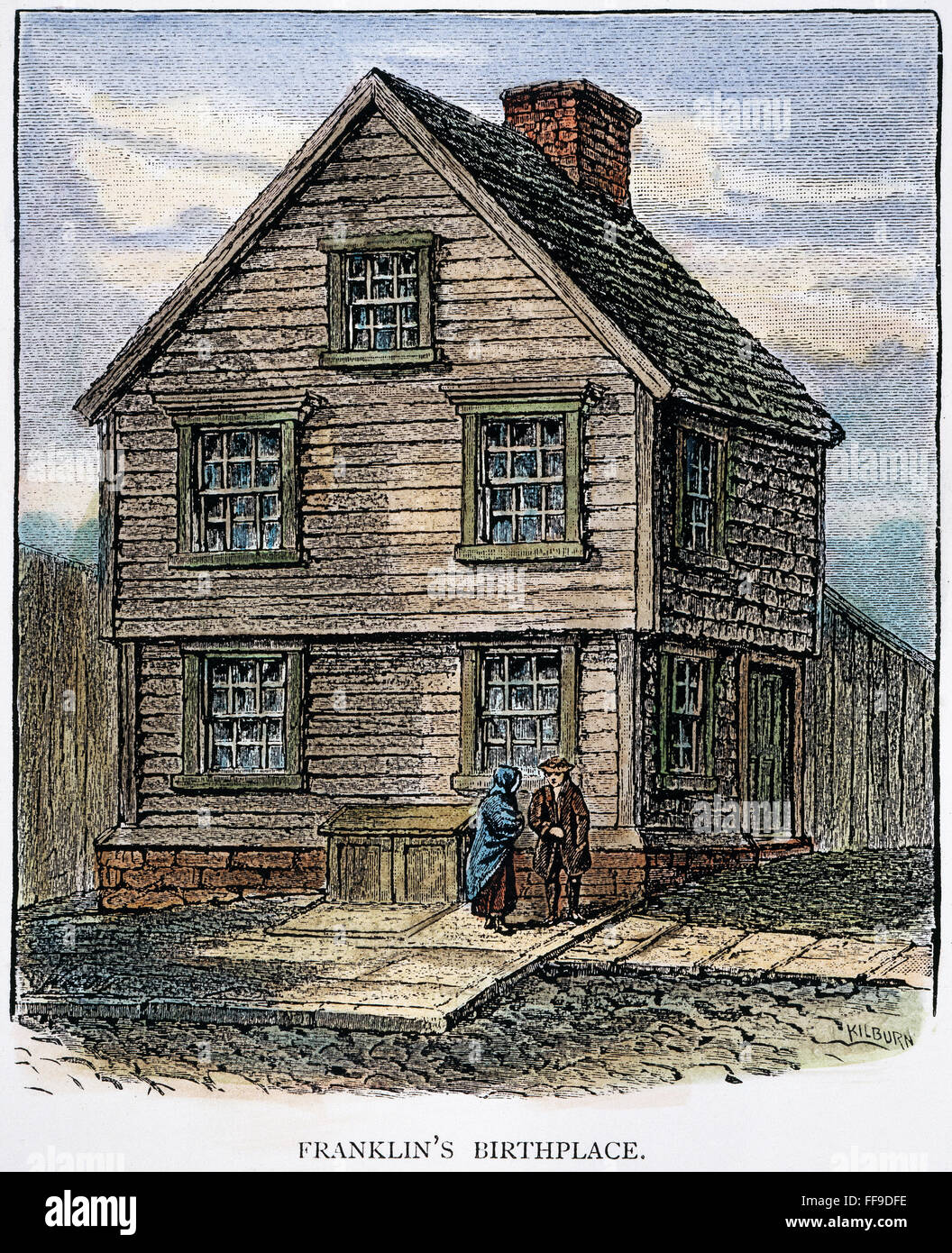 BENJAMIN FRANKLIN (1706-1790). /nAmerican printer, publisher, scientist, inventor, statesman and diplomat. Birthplace of Franklin in Boston, Mass. Wood engraving, 19th century. Stock Photo