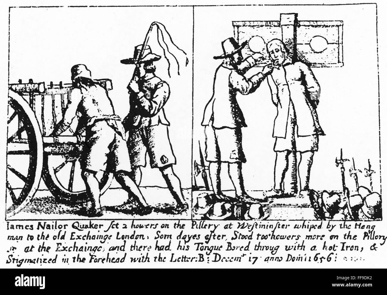 QUAKER PERSECUTION. /nThe persecution of a Quaker in London in 1656: contemporary engraving. Stock Photo