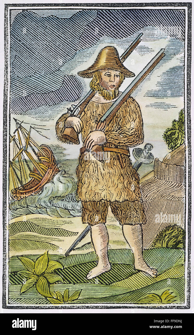 ROBINSON CRUSOE, 1700s. /nWoodcut from an early 18th century edition of the novel by Daniel Defoe. Stock Photo