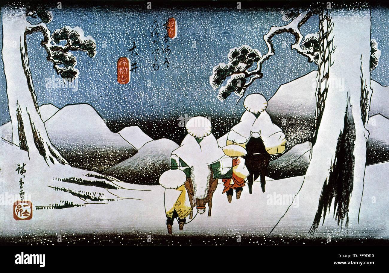 JAPAN: TRAVELERS, c1840. /nTravelers in the Snow at Oi: Japanese Oban print by Hiroshige. Stock Photo