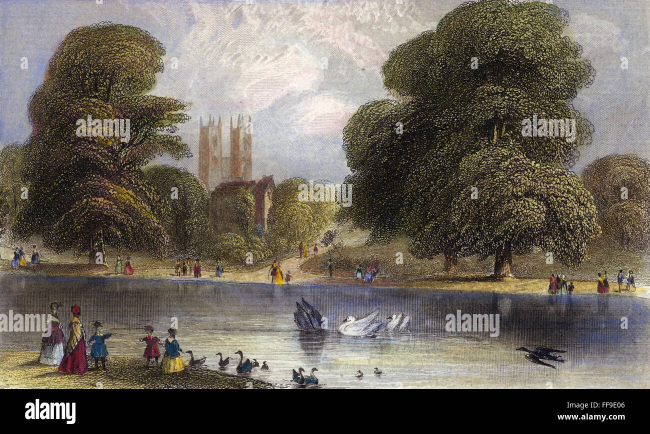 LONDON: ST JAMES' PARK, 1852. /n'The Ornamental Water, St James' Park,' London. Steel engraving, English, 1852. Stock Photo