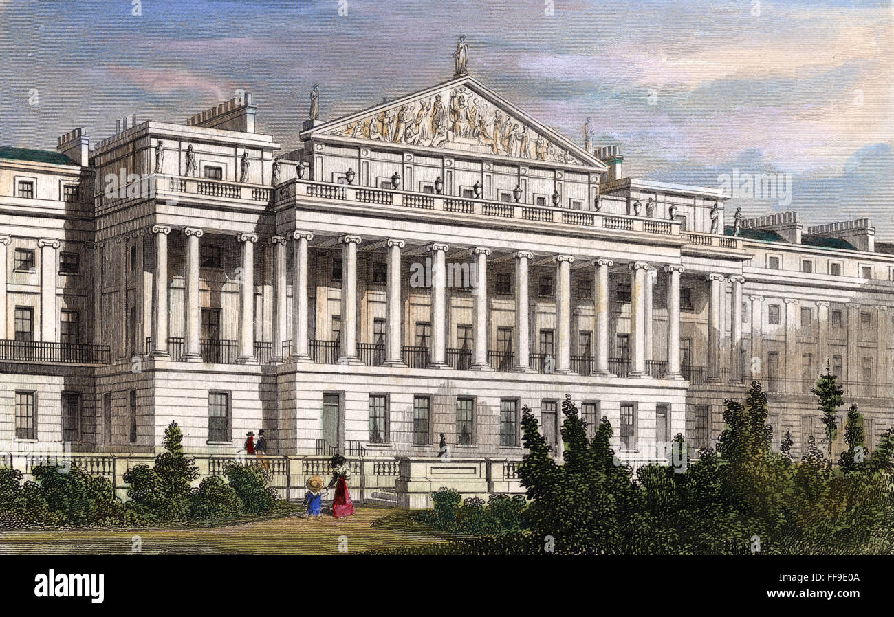 LONDON: REGENT'S PARK, 1827. /n'Cornwall Terrace, Regent's Park,' London. Steel engraving, English, 1827. Stock Photo