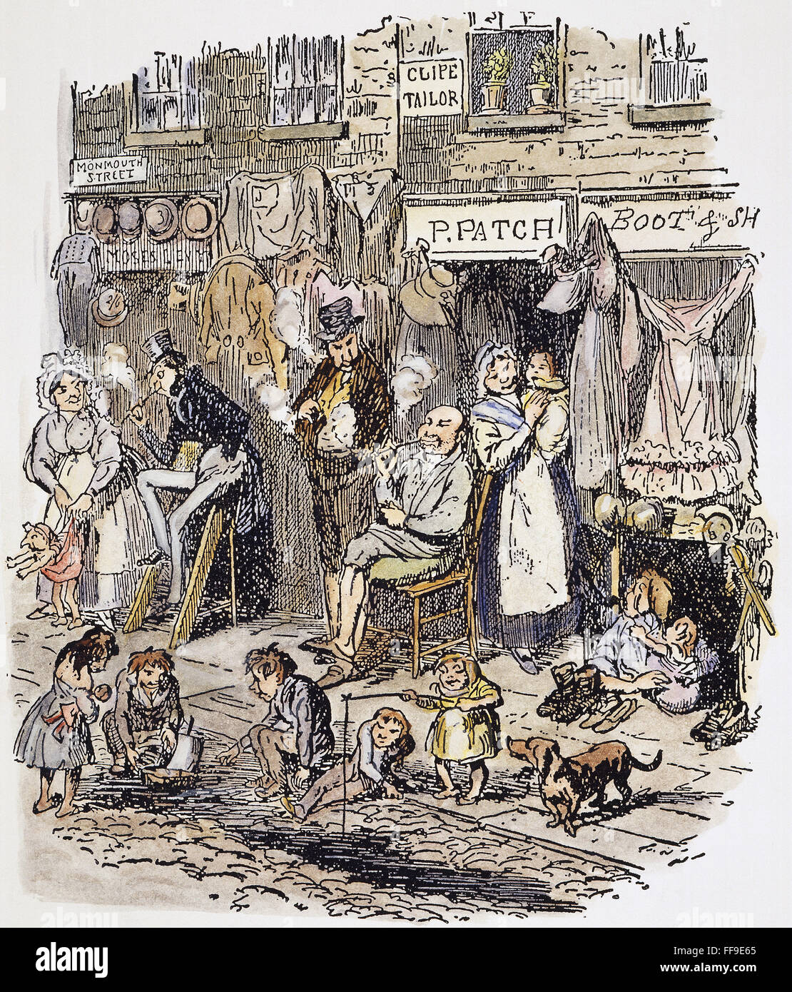 DICKENS: SKETCHES, 1836. /nMonmouth Street, London. Etching by George Cruikshank for Charles Dickens' 'Sketches by Boz,' 1836. Stock Photo