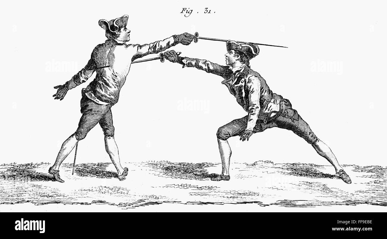 FRANCE FENCING, c1750. /nA thrust in epee or foil fencing. Copper