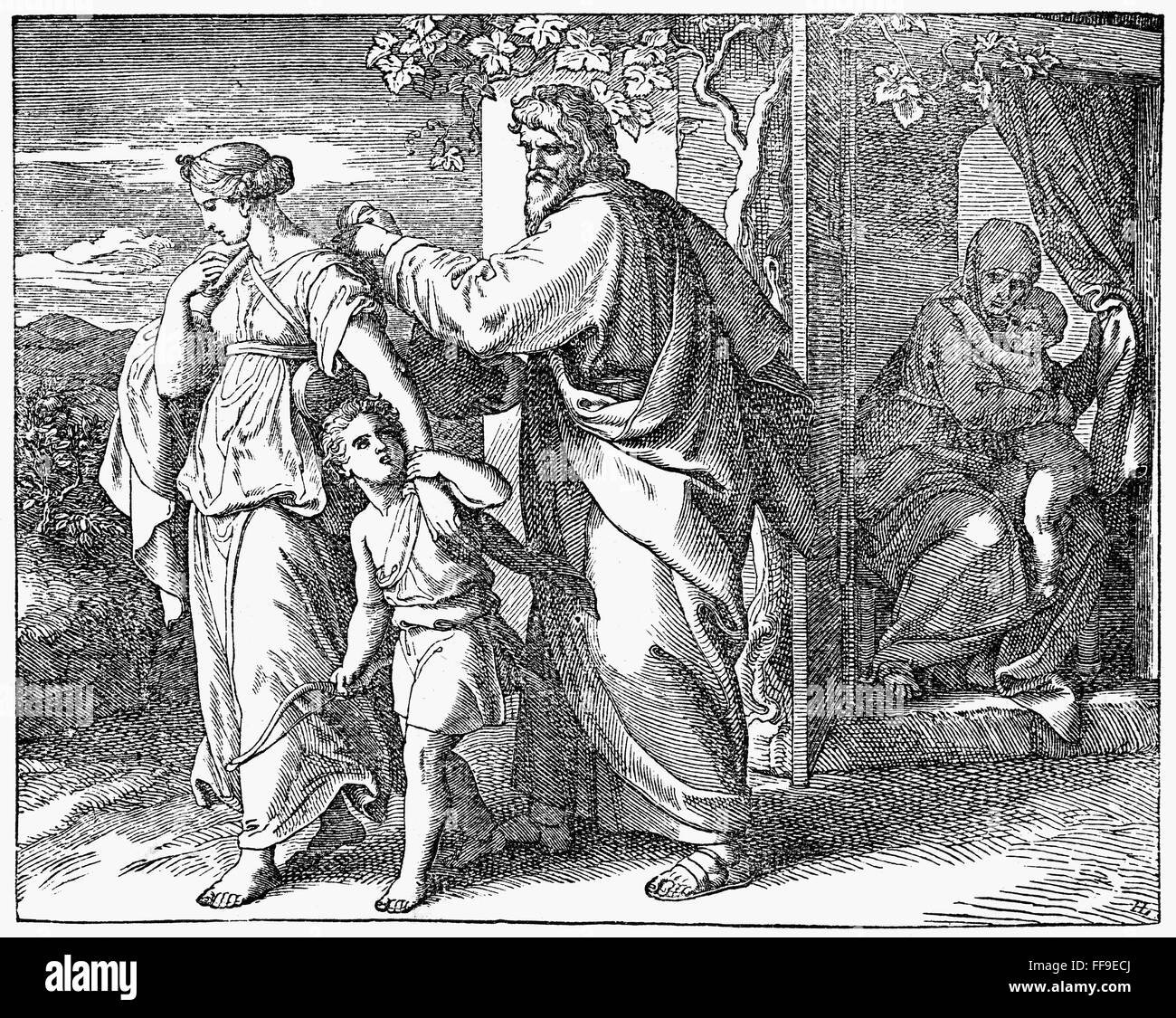 HAGAR & ISHMAEL. /nHagar and Ishmael expelled by Abraham (Genesis 2114). Wood engraving, 19th