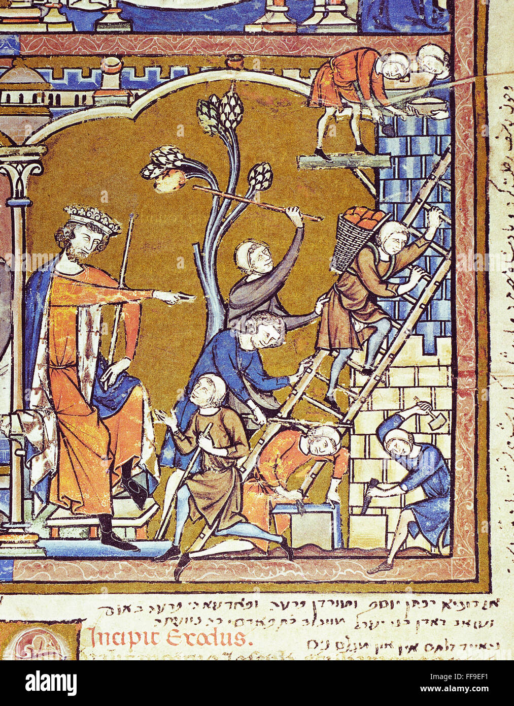 ISRAELITES OPPRESSED. /nA new pharoah oppresses the Children of Israel (Exodus 1: 8-11). French manuscript illumination, c1250. Stock Photo