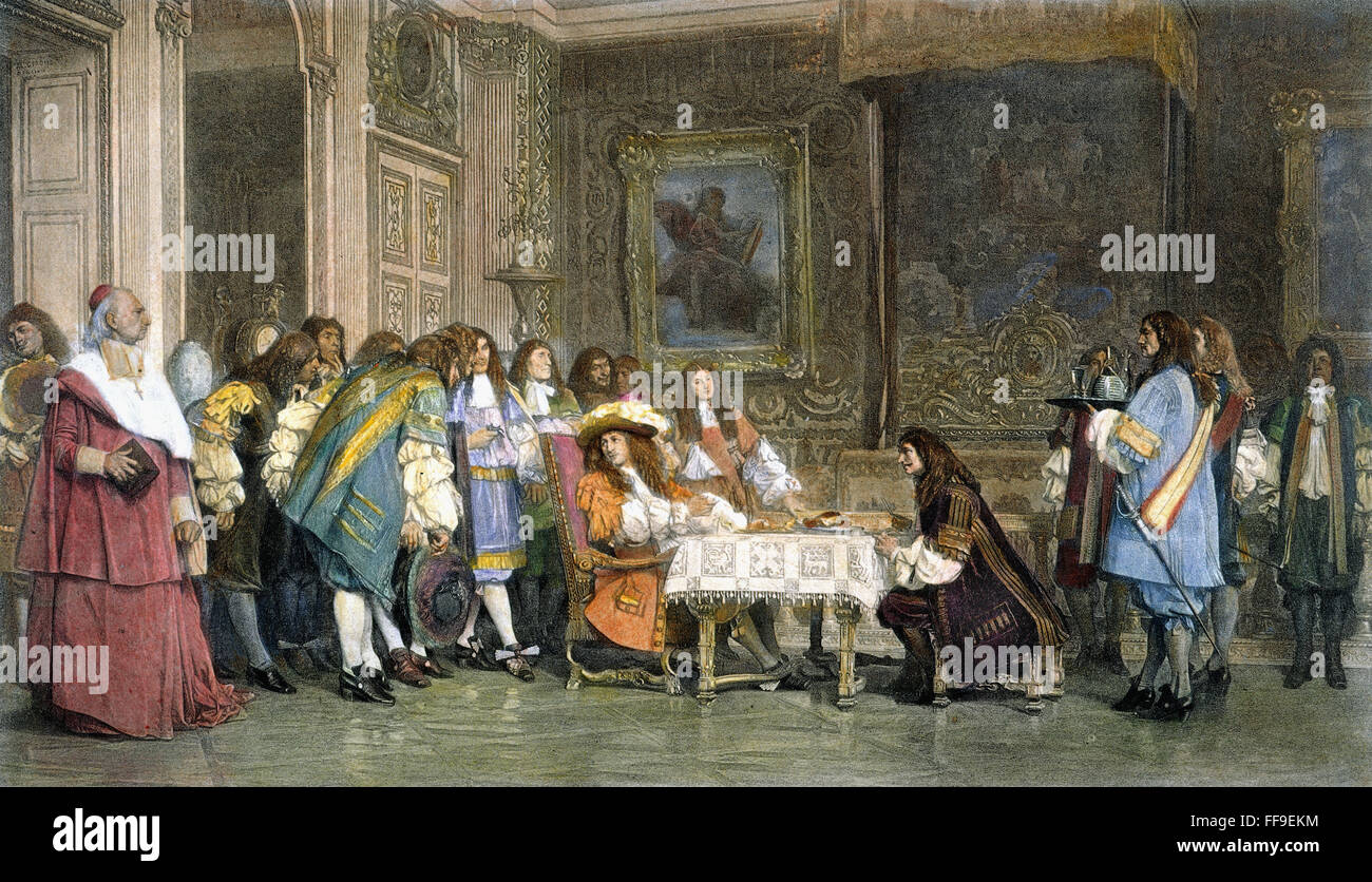 LOUIS XIV & MOLIERE. /nMoliere breakfasting with Louis XIV at the court in Versailles, France, c1665. Engraving after Jean Leon Gerome. Stock Photo