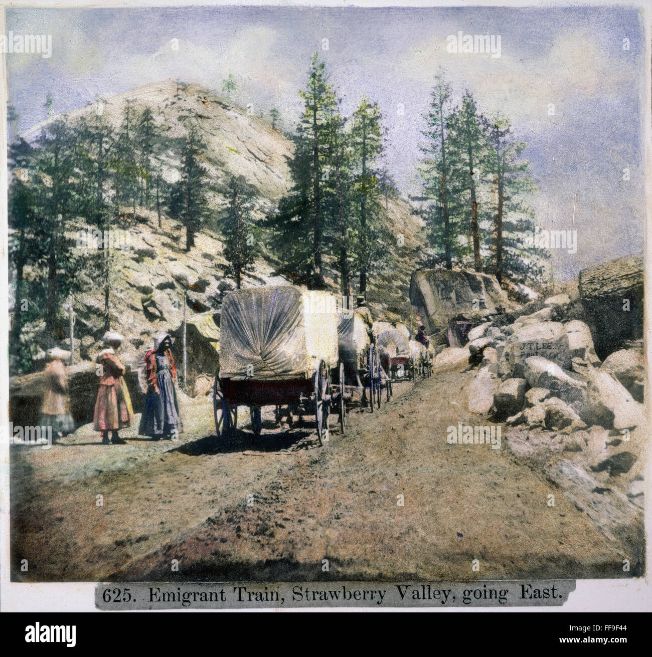 EMIGRANT TRAIN, 1866. /nGoing east through the Strawberry Valley in the Sierra Nevada Mountains of California: oil over a photograph, 1866. Stock Photo