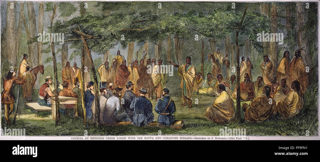 MEDICINE LODGE TREATY, 1867. /nThe 1867 peace council at Medicine Lodge Creek, Kansas, between the U.S. military and the Kiowa, Apache, Comanche, and Cheyenne, which arranged for land on which to build the Kansas branch of the Pacific railroad. Contempora Stock Photo