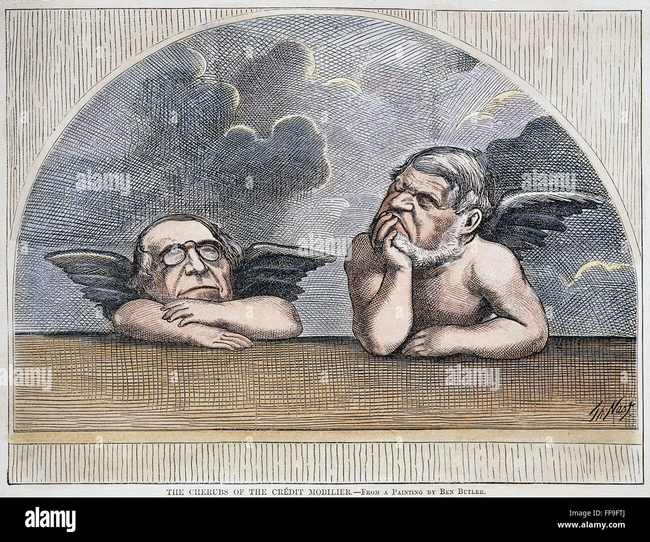 CREDIT MOBILIER CARTOON. /n'The Cherubs of the Credit Mobilier.' Cartoon, 1873, by Thomas Nast on the censure by the House of Representatives of Congressman James Brooks of New York (left) and Oakes Ames of Massachusetts for their involvement in the Credi Stock Photo