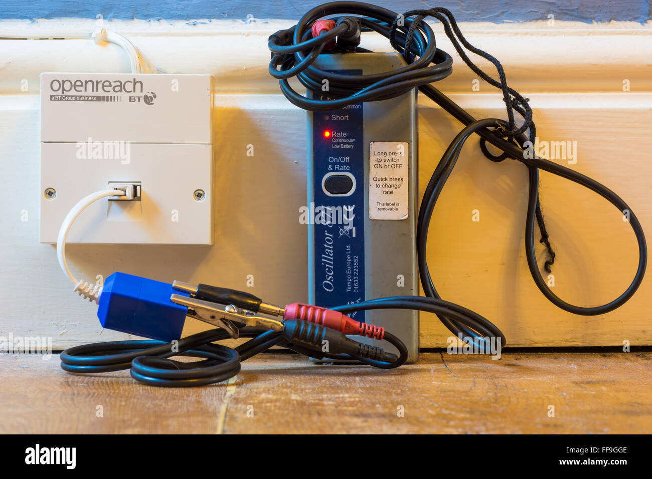 BT Openreach connection equipment in home socket. Installation equipment in use by the company responsible for UK phone lines Stock Photo