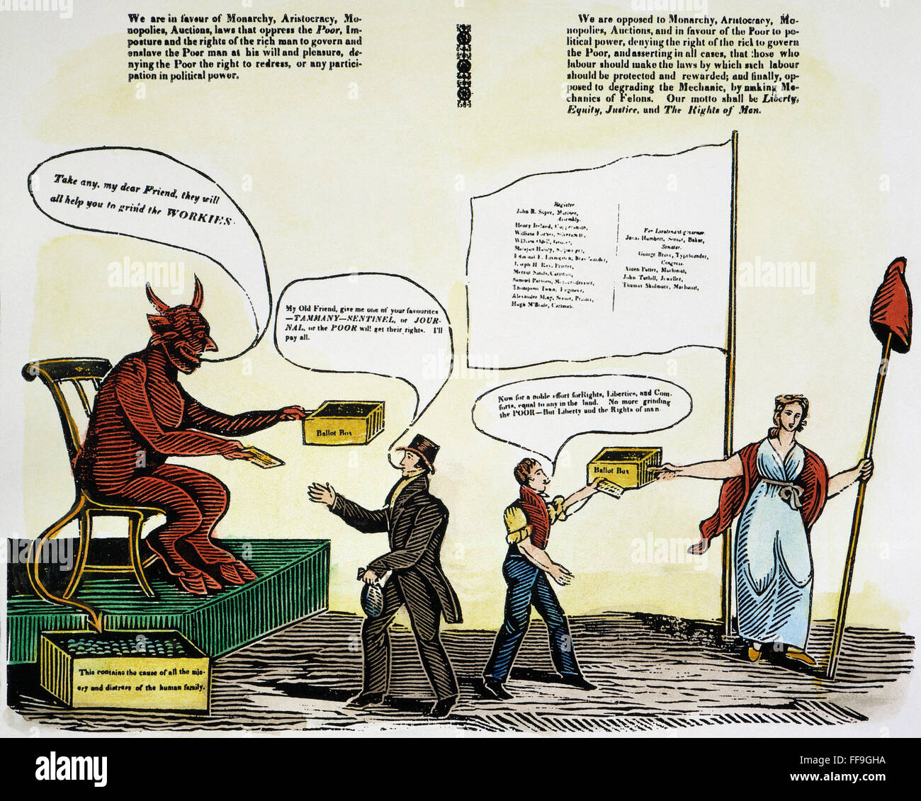 WORKIE CARTOON, 1829. /nA 'Workie' (Working Men's Party) cartoon of 1829 showing the devil and a rich man conspiring to buy an election while the honest workingman fights back by putting his ballot in a ballot box held by Columbia. Stock Photo