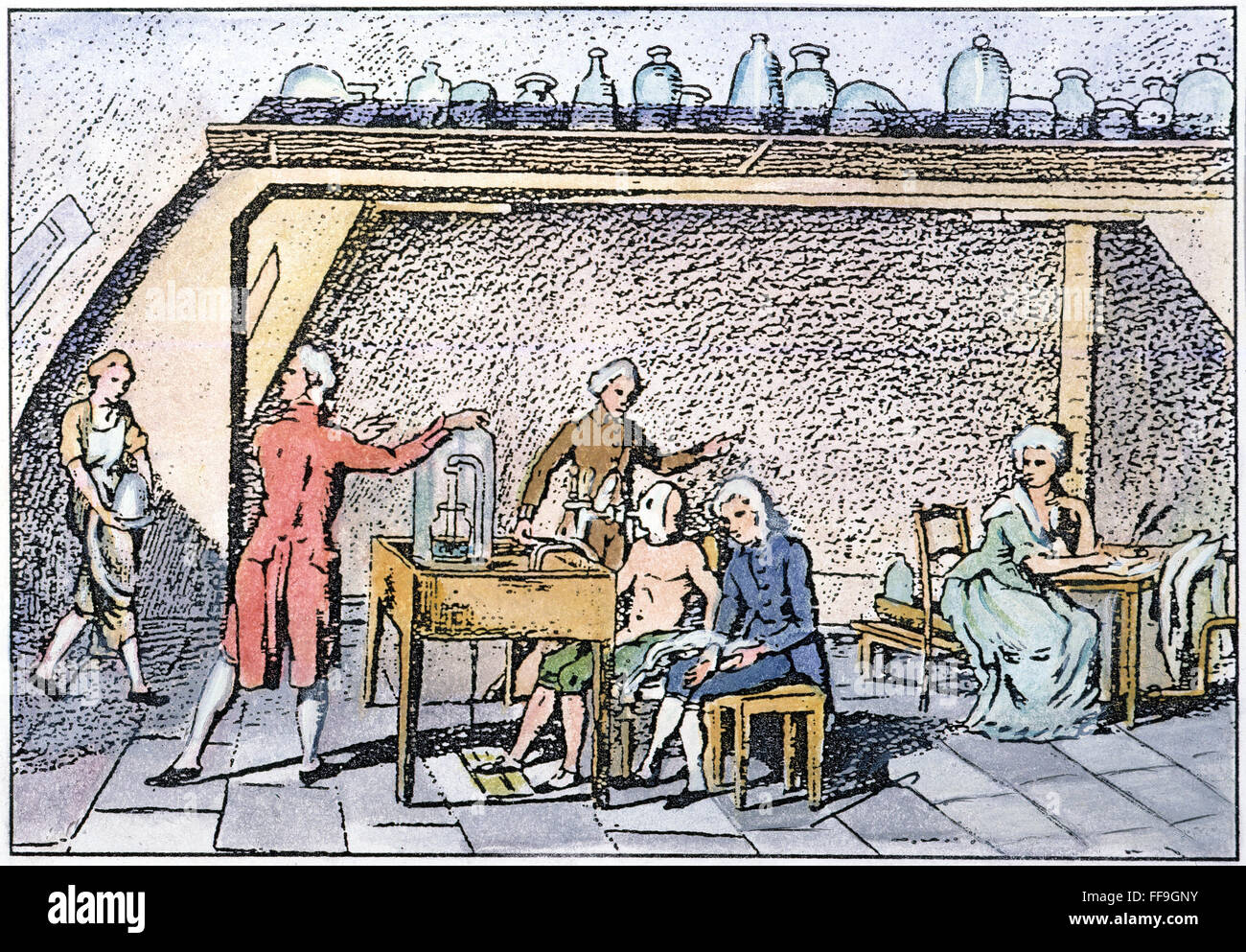 LAVOISIER LABORATORY. /nThe laboratory of Antoine Laurent Lavoisier (1743-1794) who is studying the chemistry of breathing, while Madame Lavoisier, who made the drawing, takes notes at right. Stock Photo