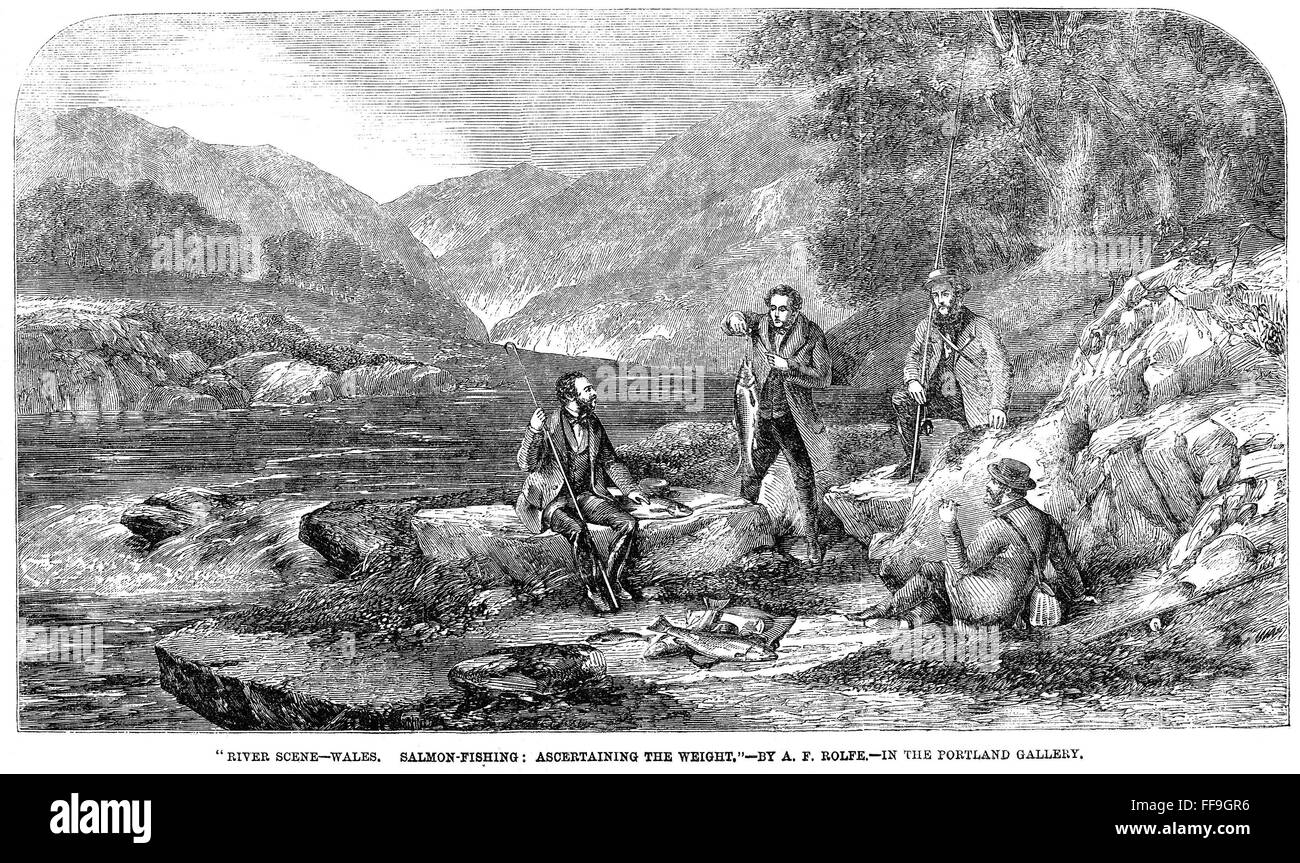 WALES: FISHING, 1859. /nSalmon fishing in Wales. Wood engraving after a ...