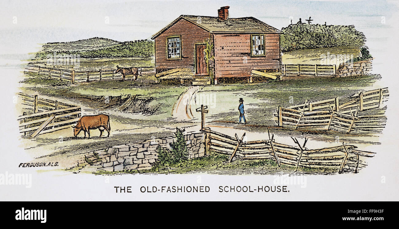 SCHOOLHOUSE, 19th CENTURY. /nAn old-fashioned schoolhouse. Wood engraving, American, 19th century. Stock Photo