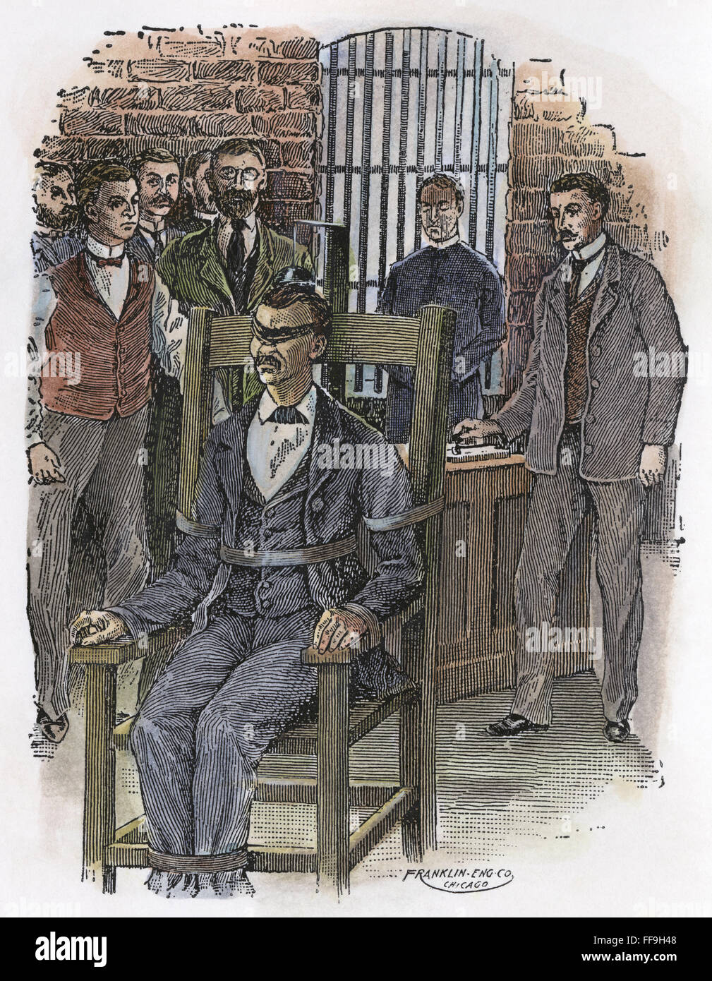 KEMMLER EXECUTION /nThe first execution by electrocution, of William Kemmler, for murder, at Auburn Prison, Auburn, New York, on Aug. 6, 1890. Contemporary line engraving. Stock Photo