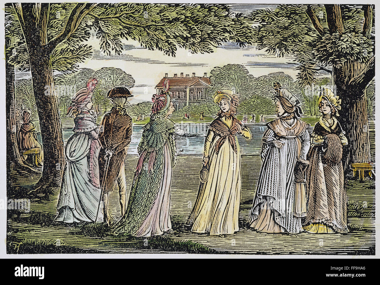 SENSE & SENSIBILITY, 1811. /nThe major characters of Jane Austen's 'Sense and Sensibility' (1811) stroll in Barton Park, Devonshire. 20th century wood engraving. Stock Photo