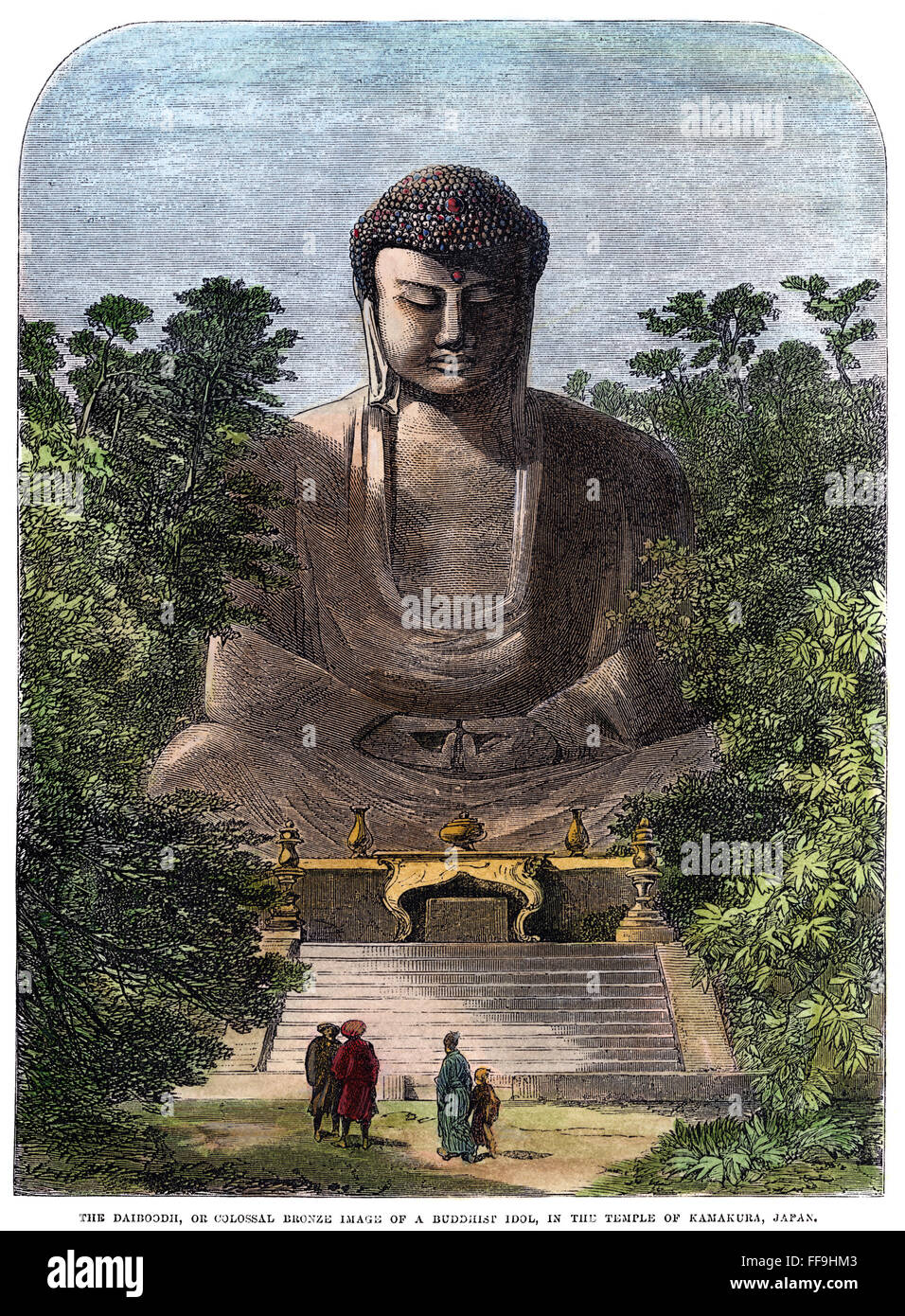 BUDDHA: KAMAKURA, JAPAN. /n'The Daibutsu, or colossal bronze image of a Buddhist idol, in the temple of Kamakura, Japan.' Color engraving, 1865. Stock Photo