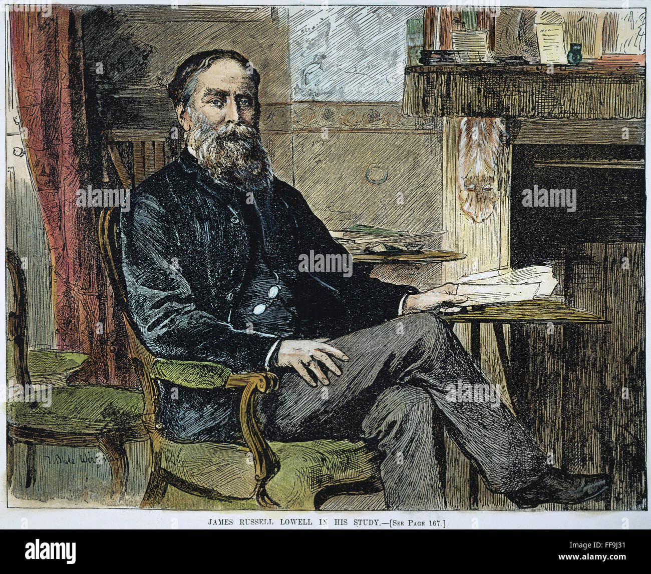 JAMES RUSSELL LOWELL /n(1819-1891). American poet, essayist, and diplomat. Wood engraving, 1887. Stock Photo