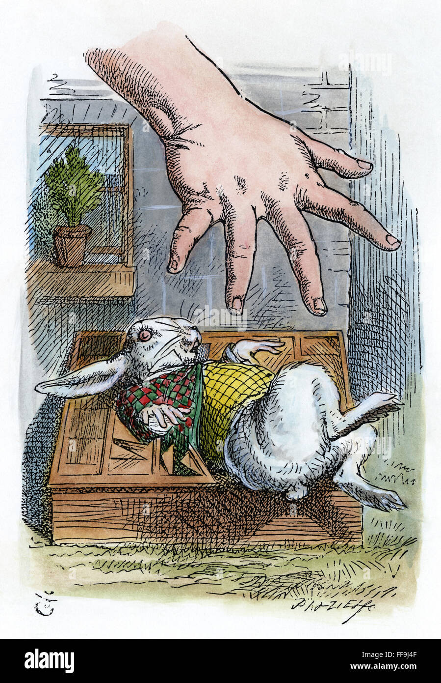 CARROLL: ALICE, 1865. /nAfter growing large, Alice reaches for the Rabbit. After the design by Sir John Tenniel for the first edition of Lewis Carroll's 'Alice's Adventures in Wonderland'. Stock Photo