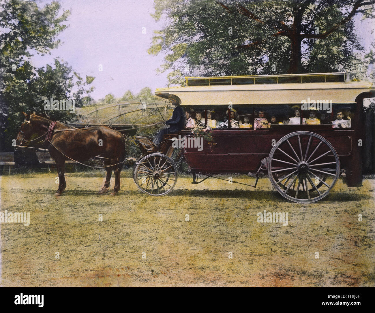 OMNIBUS, c1899. /nAn omnibus carrying school children on an outing near Washington, D.C. Oil over a photograph, c1899, by Frances Benjamin Johnston. Stock Photo