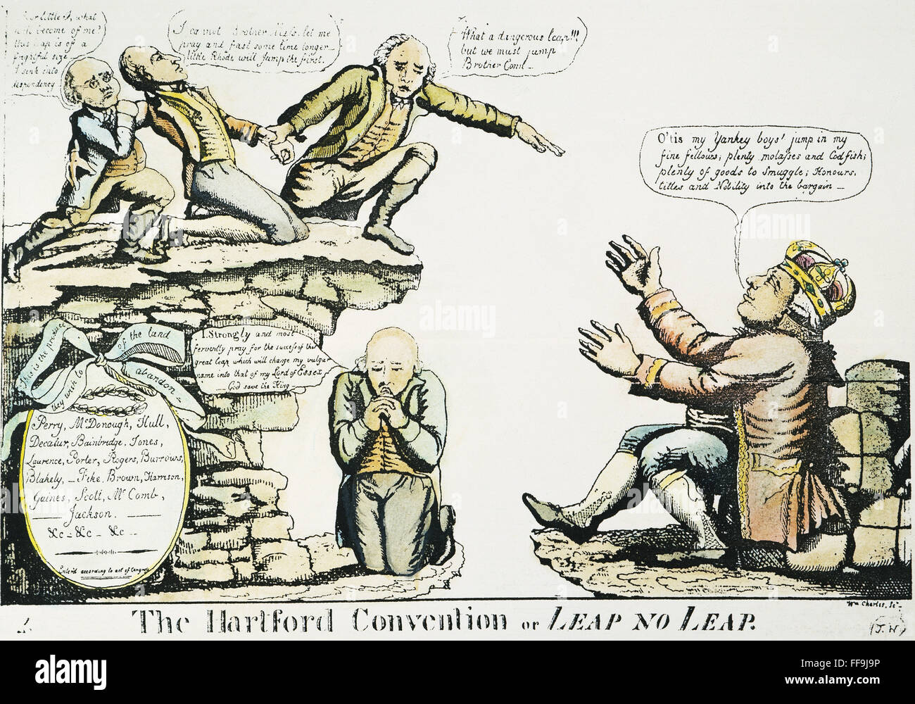 HARTFORD CONVENTION, 1815. /n'The Hartford Convention or Leap No Leap.' Cartoon, 1815, by William Charles showing three New England states plotting to jump into the arms of King George the Third; Timothy Pickering, underneath the ledge, prays he will be m Stock Photo