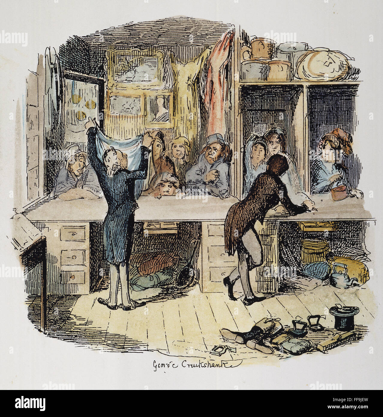 DICKENS: SKETCHES. /nThe Pawnbroker's Shop. Etching by George Cruikshank, 1836-37, to Charles Dickens' 'Sketches by Boz.' Stock Photo