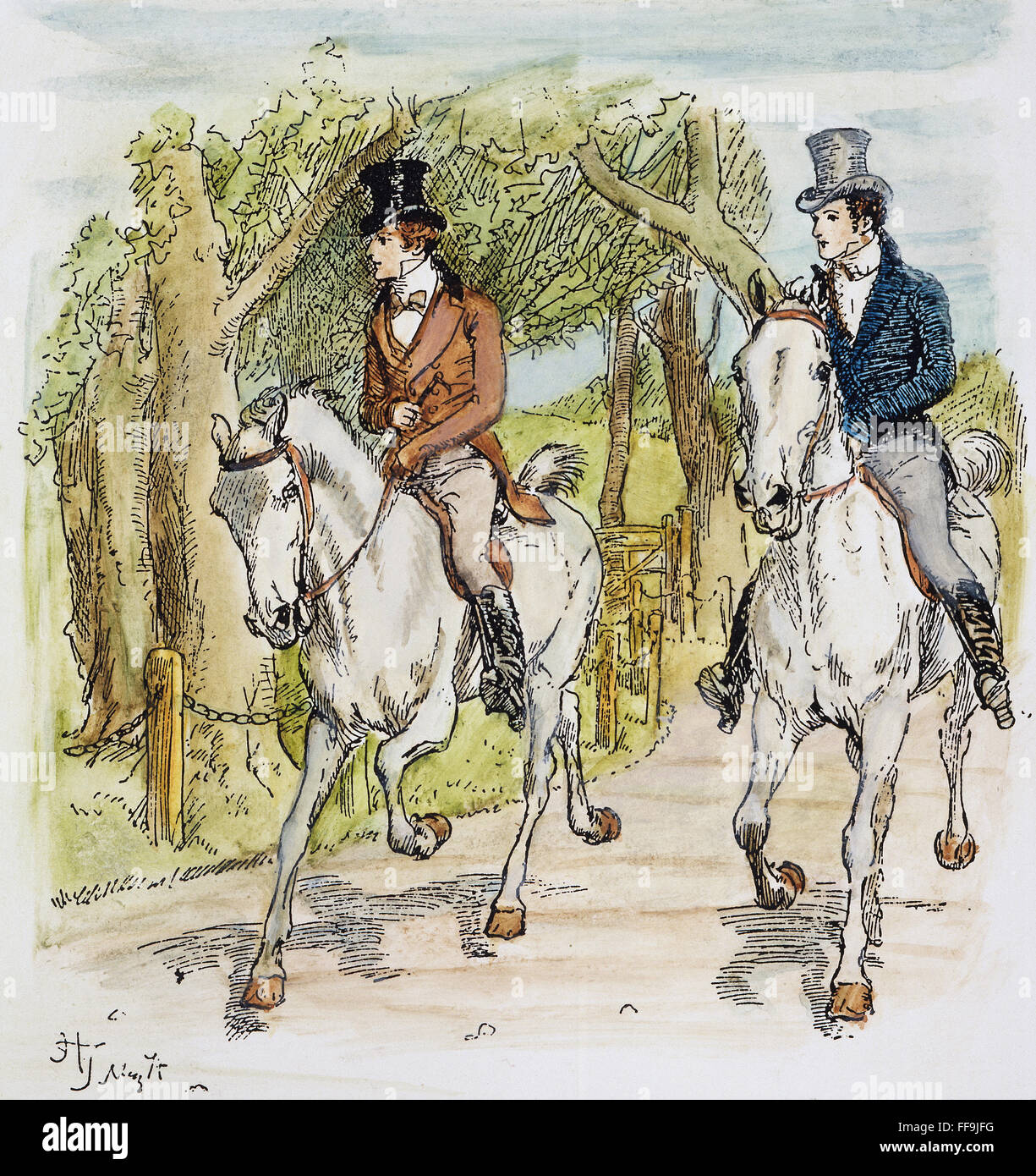 JANE AUSTEN: ILLUSTRATION. /nMister Bingley and Mr. Darcy riding. Illustration by Hugh Thomson for an 1894 edition of Jane Austen's novel 'Pride and Prejudice,' first published in 1813. Stock Photo