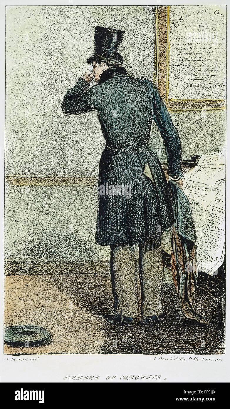 SNUFF & SPITOONS, 1832. /nA member of the U.S. Congress taking snuff while standing next to a spitoon. Illustration from the first English edition of Mrs. Trollope's 'Domestic Manners of the Americans': lithograph, 1832. Stock Photo