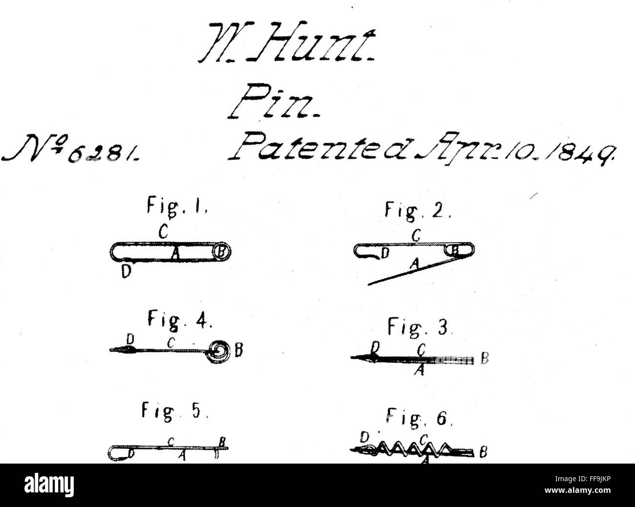 HUNT SAFETY PIN 1849. nWalter Hunt s patent drawing for his